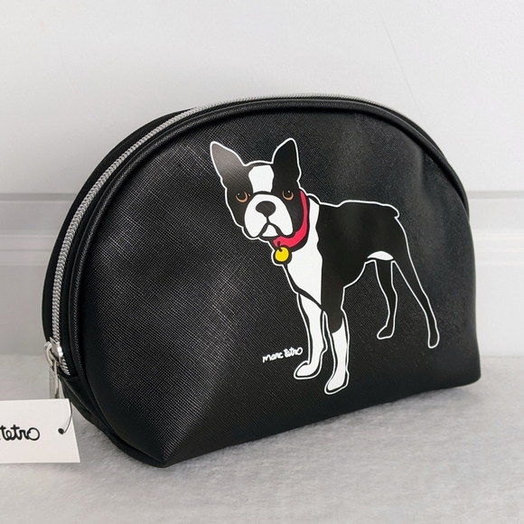 marc tetro Boston Terrier Large Cosmetic Case Pouch Bag PVC Saffiano Black NWT - Picture 4 of 12